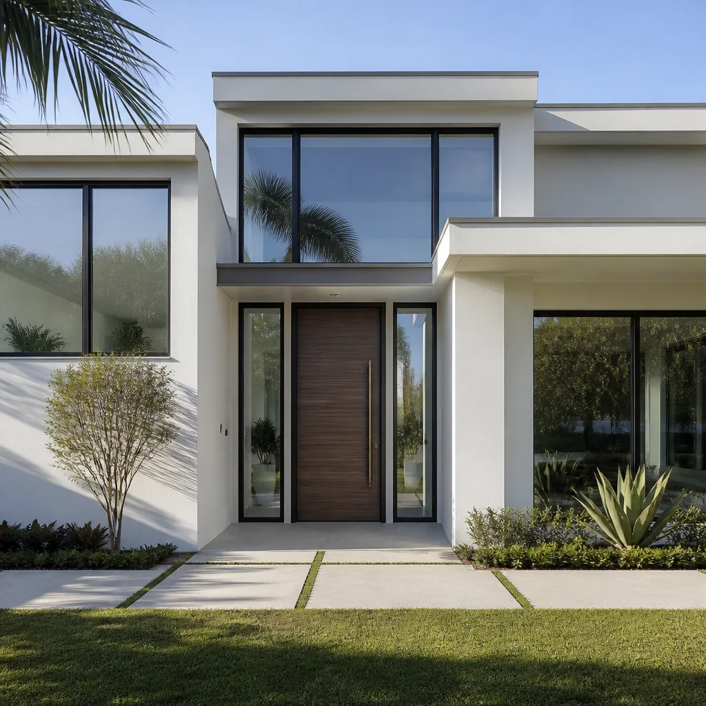 Modern wooden front door replacement with floor-to-ceiling side glass panels