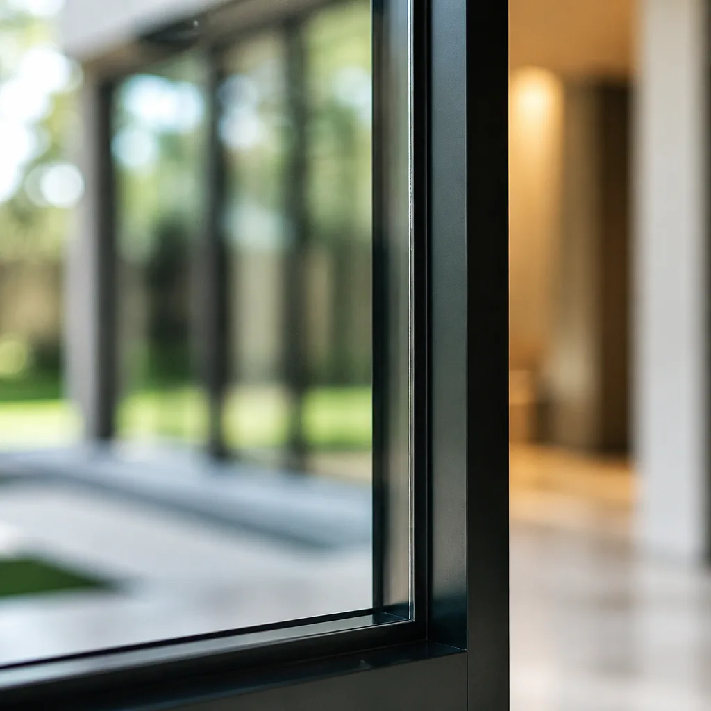 Close-up of a premium black window and door frame installation