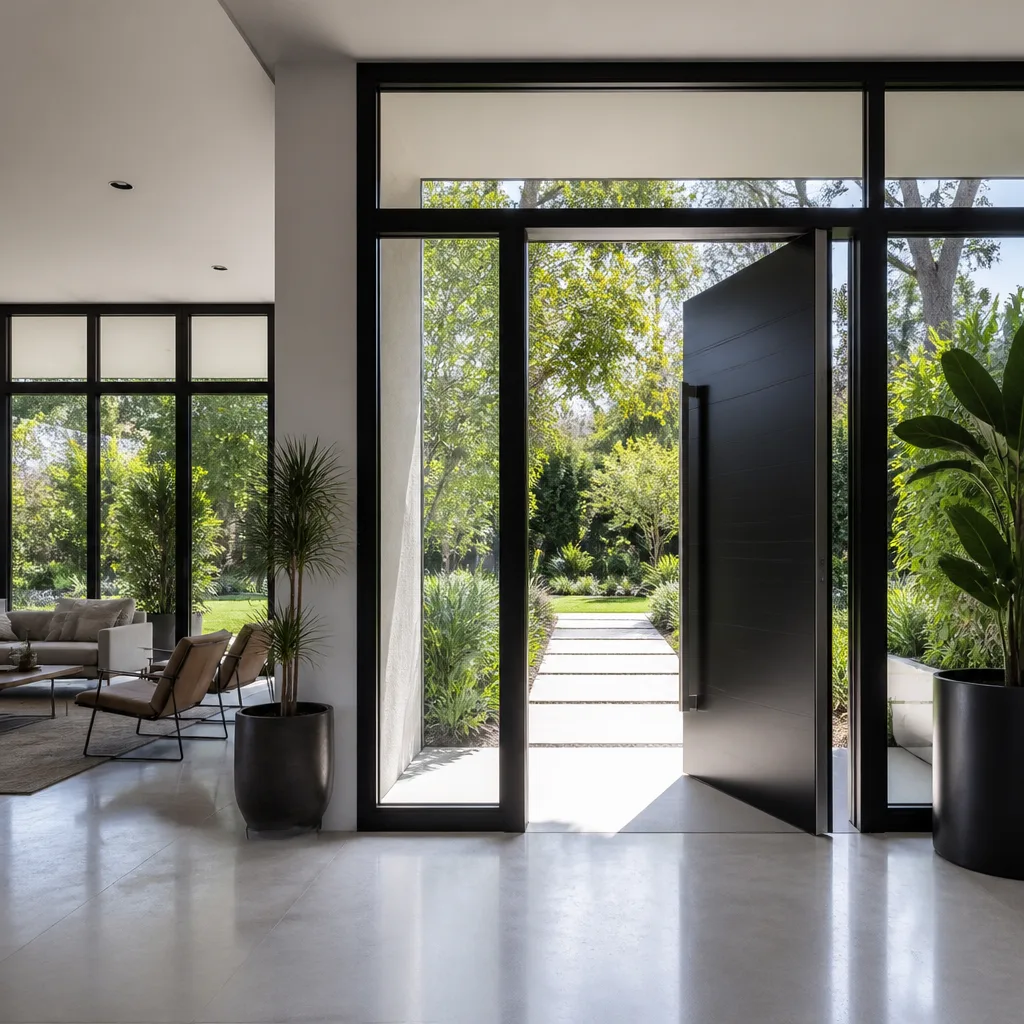 Modern home entryway with a large, stylish black pivot front door