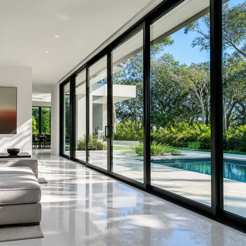 Modern floor-to-ceiling sliding glass doors opening to a backyard pool