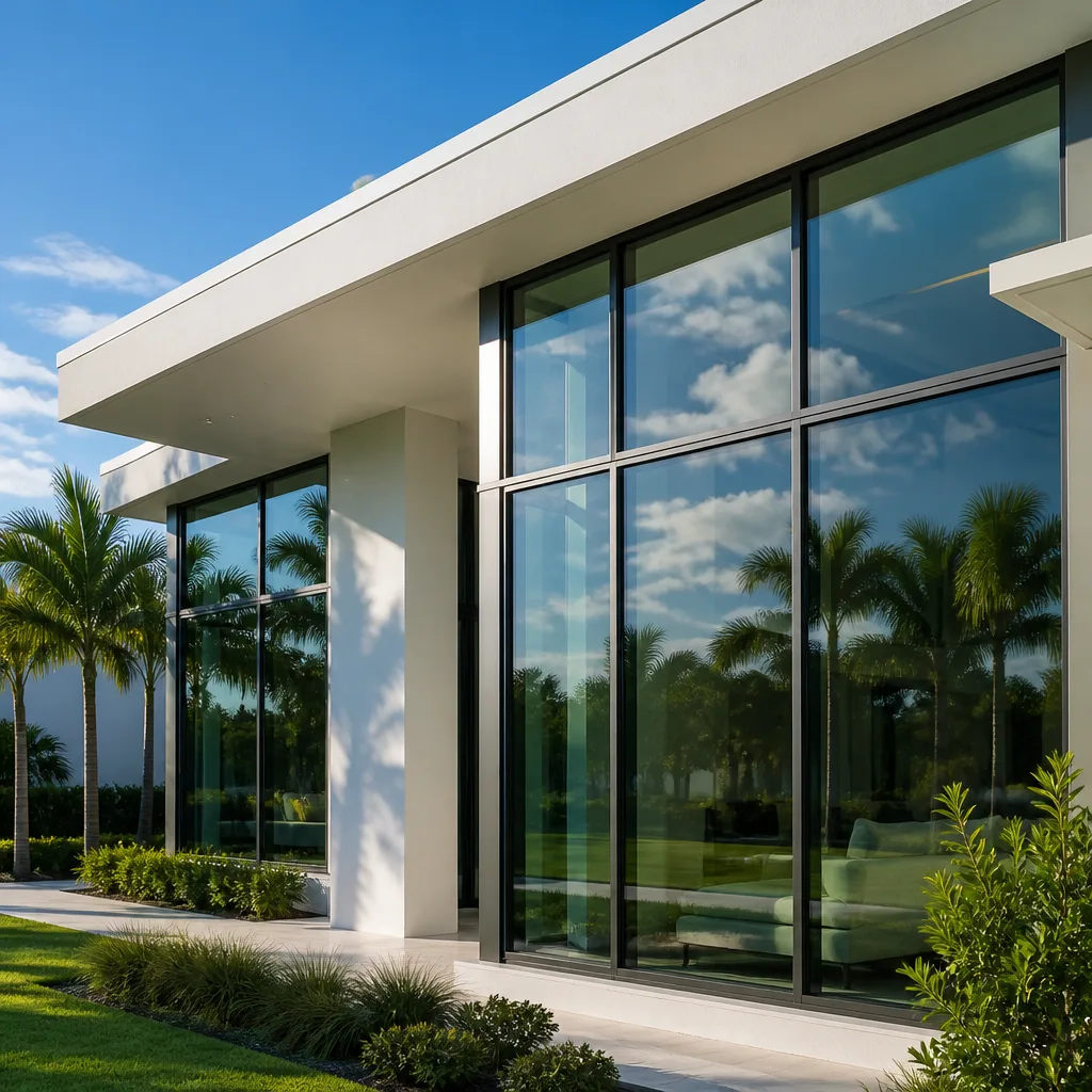 Modern glass home facade with professional window installation and repair