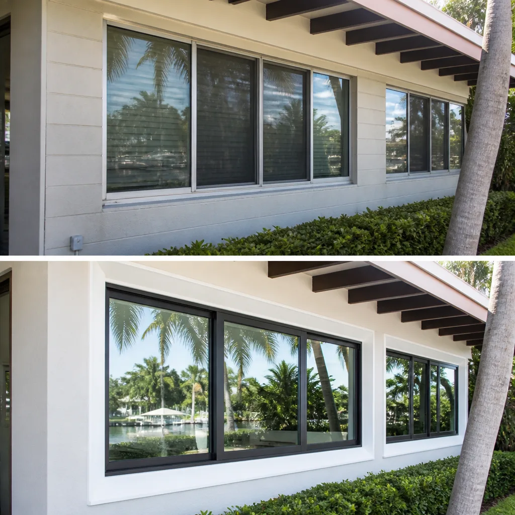 Residential window replacement showing before and after modern window installation