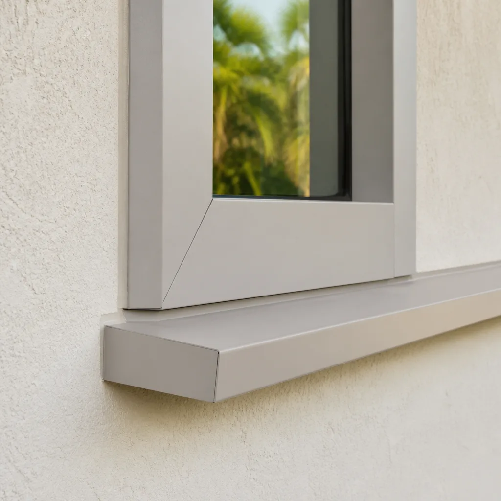 Modern grey window frame with metal sill on a stucco exterior wall