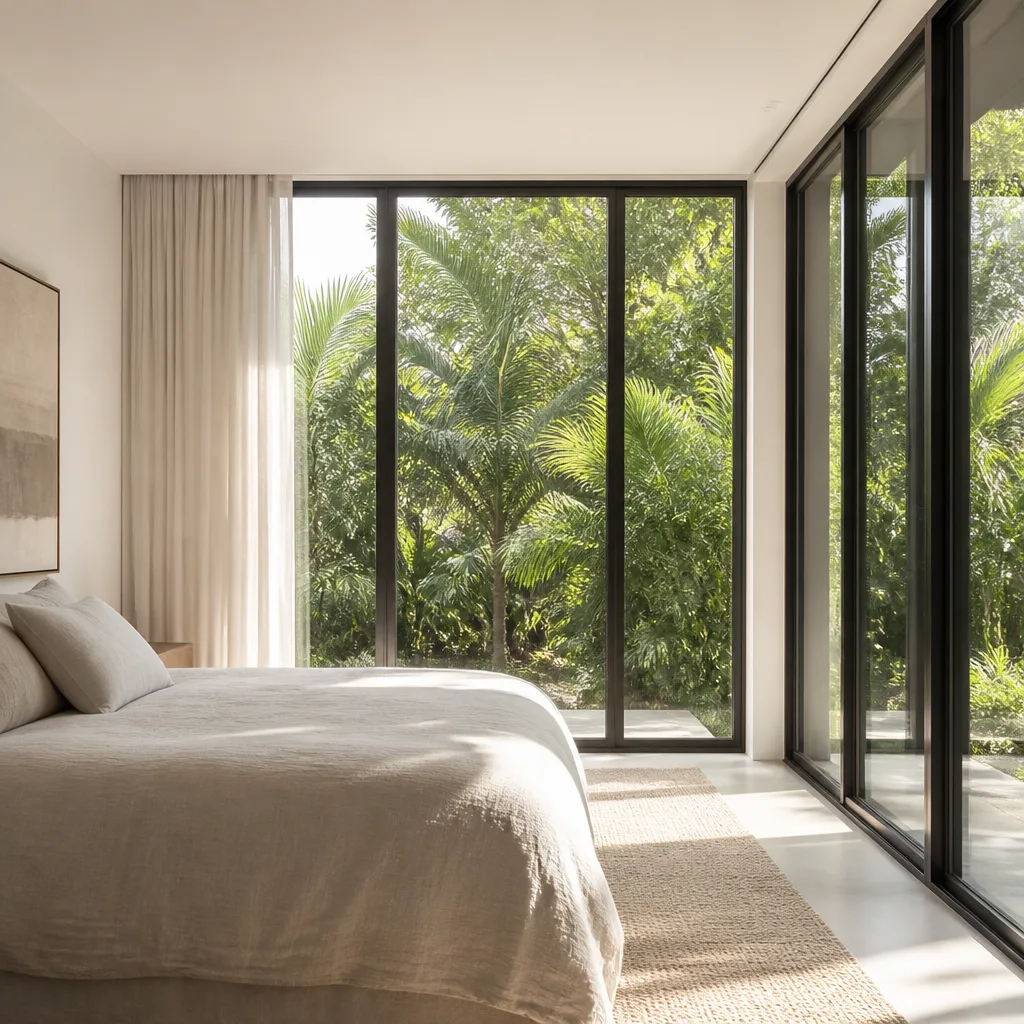Modern floor-to-ceiling glass bedroom doors overlooking a lush tropical garden